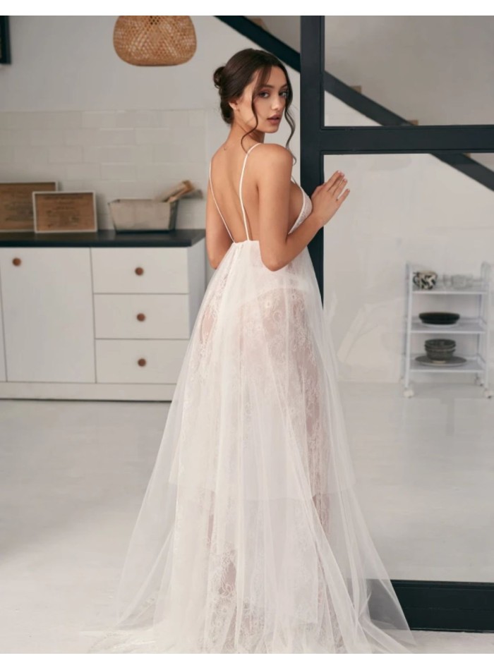 Camisón de novia marfil en gasa y encaje con...