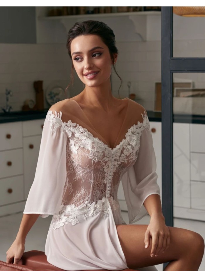 Long ivory wedding nightgown with floral lace...