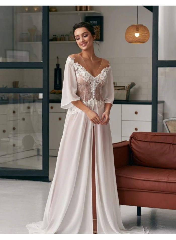 Long ivory wedding nightgown with floral lace...