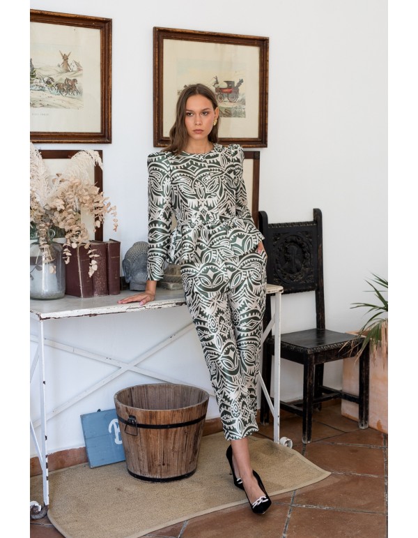 Olive green and beige printed straight pants