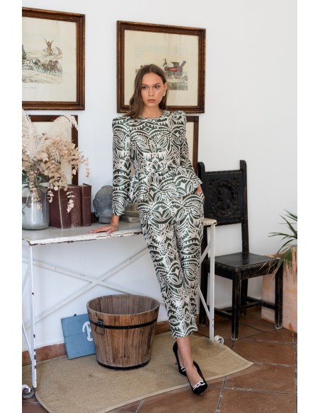 Olive green and beige printed straight pants