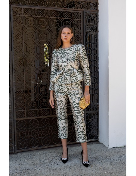 Olive green and beige printed straight pants