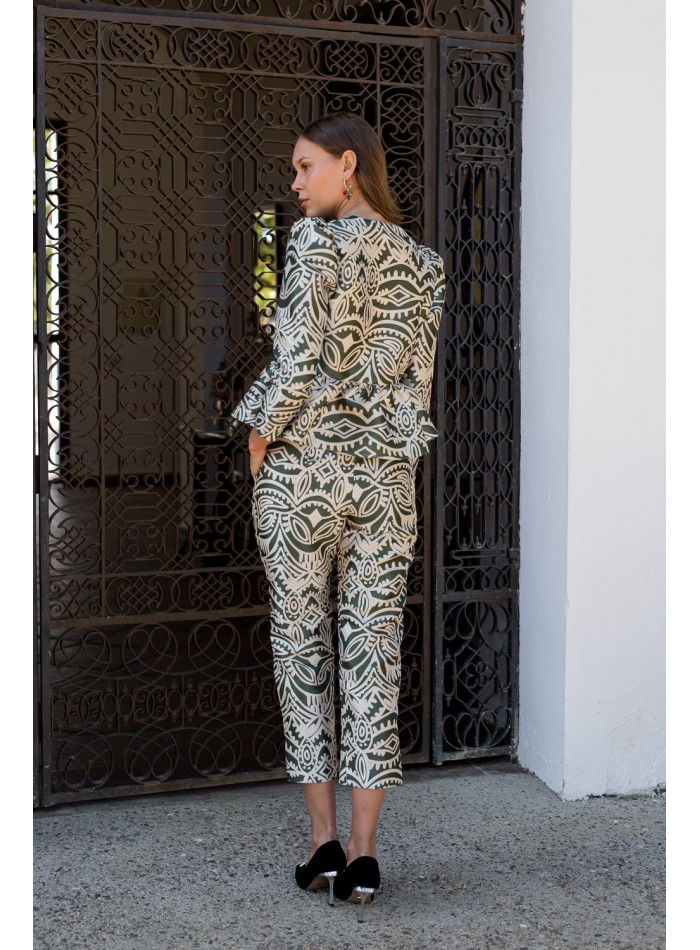 Olive green and beige printed straight pants