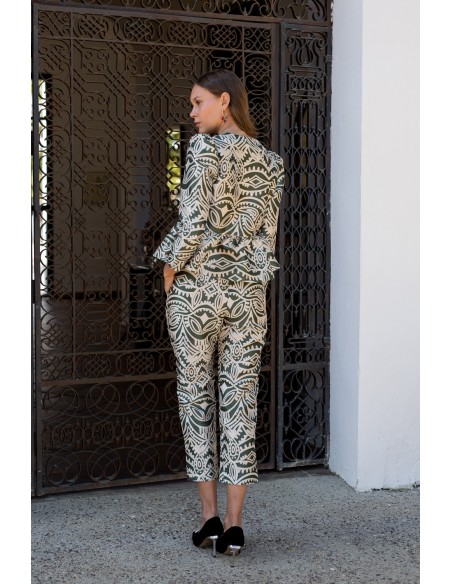 Pantalon droit imprimé vert olive et beige