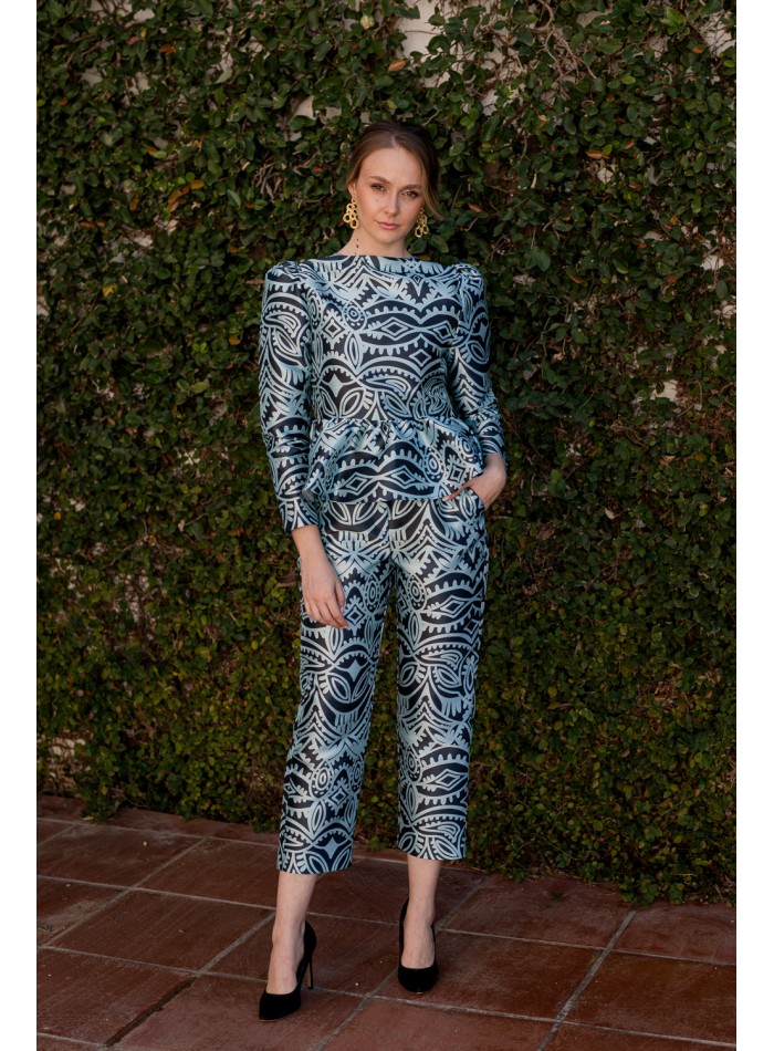 Blue printed cropped straight pants