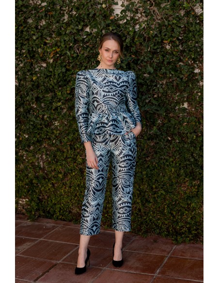 Pantalon droit croisé imprimé bleu