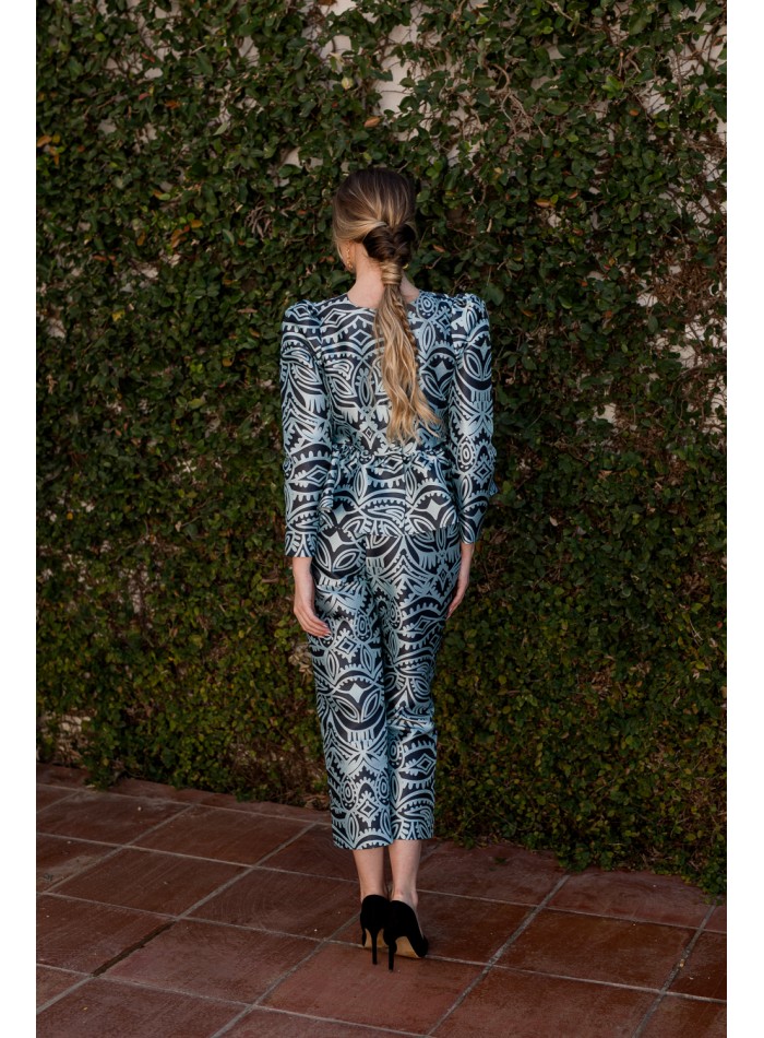 Pantalon droit croisé imprimé bleu