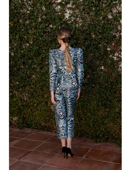 Pantalon droit croisé imprimé bleu