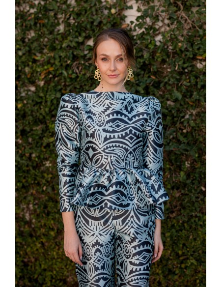 Chemisier de fête à volants imprimé bleu