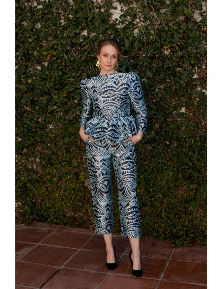 Party blouse with peplum ruffle blue print