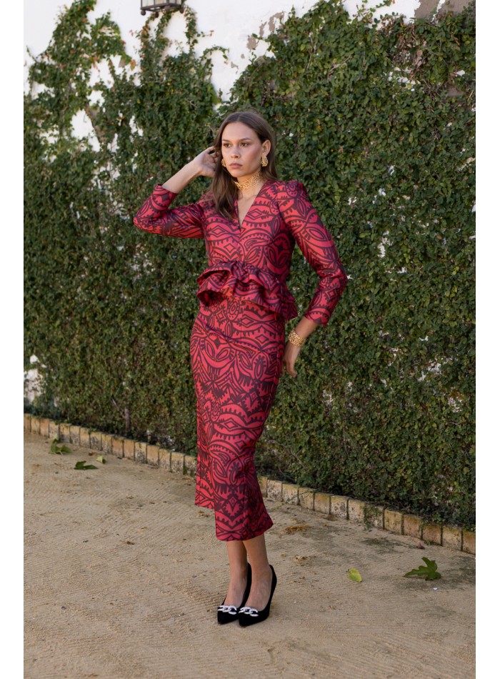 Falda lápiz estampado roja con abertura trasera