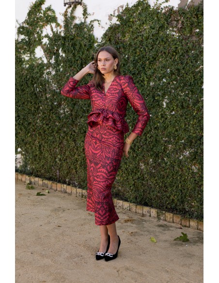 Red printed pencil skirt with back slit