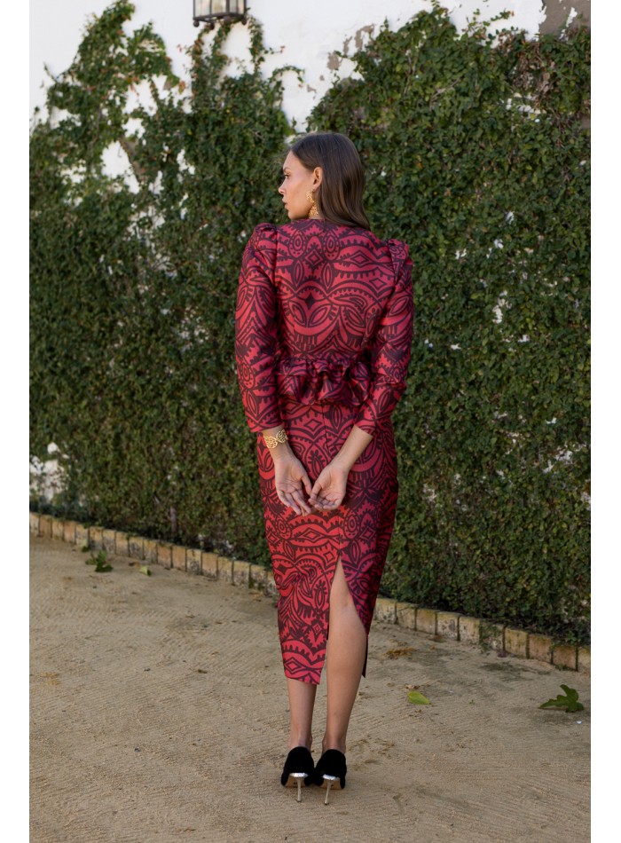 Falda lápiz estampado roja con abertura trasera