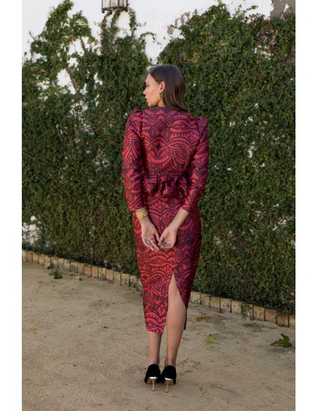 Red printed pencil skirt with back slit