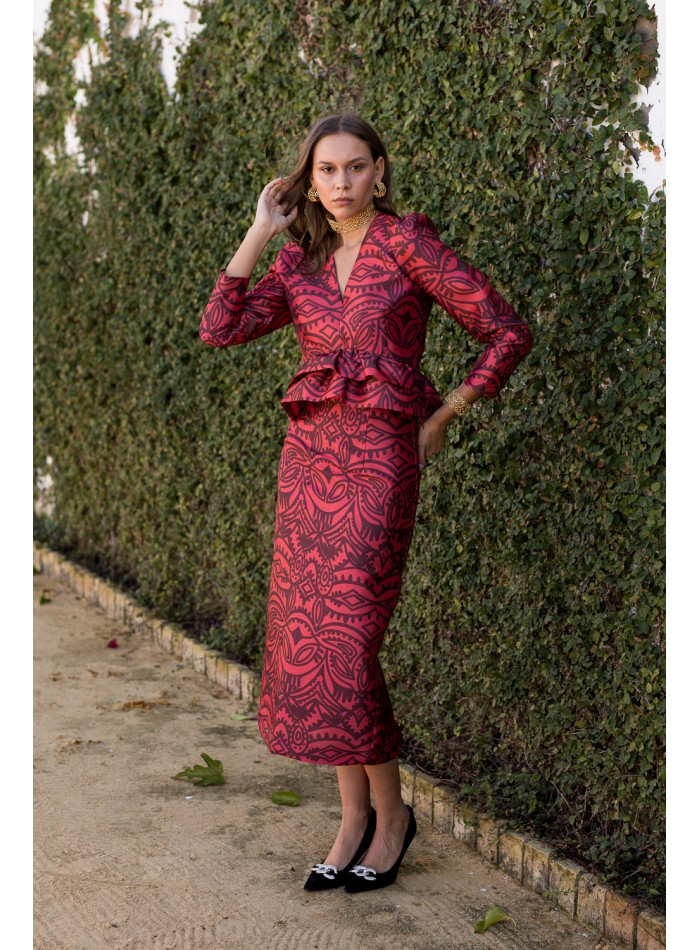 Red printed pencil skirt with back slit