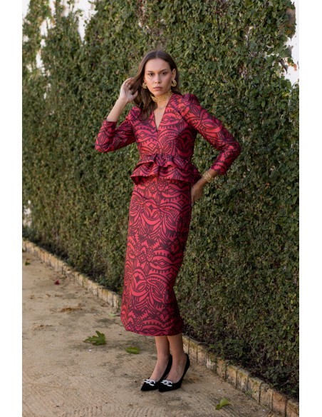 Red printed pencil skirt with back slit