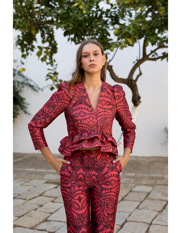 Red and burgundy print blouse with puffed sleeves