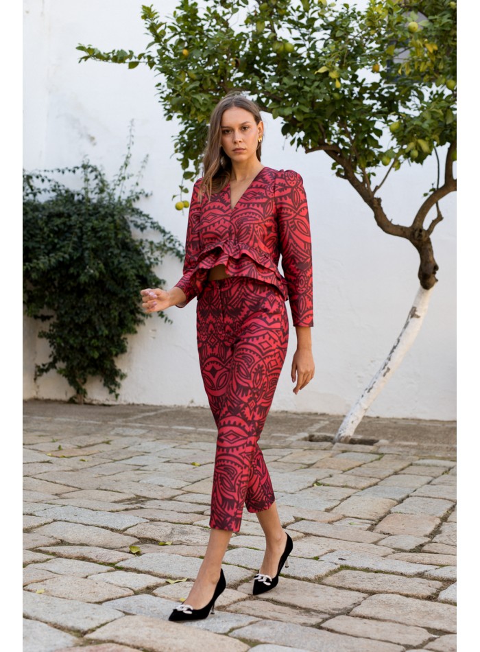 Blouse à manches bouffantes imprimée rouge et...