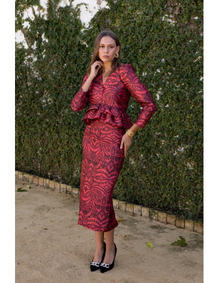 Blouse à manches bouffantes imprimée rouge et bordeaux