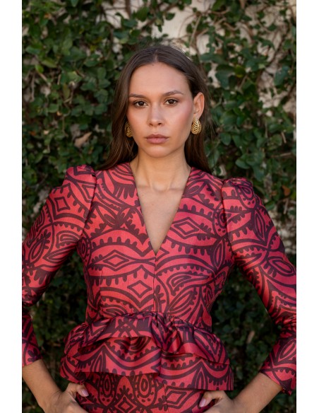 Blouse à manches bouffantes imprimée rouge et bordeaux