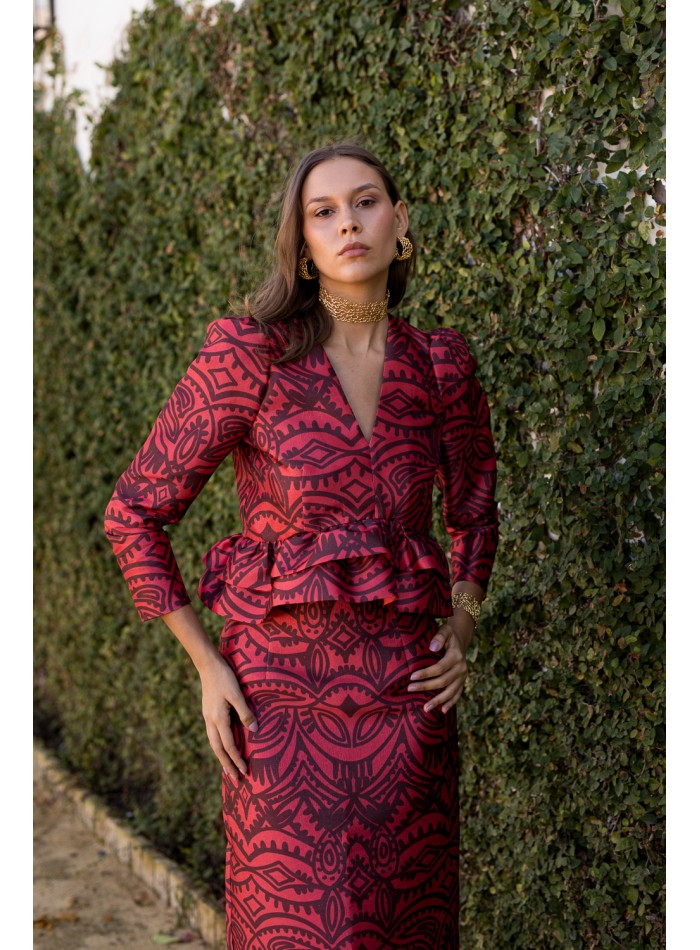 Red and burgundy print blouse with puffed sleeves