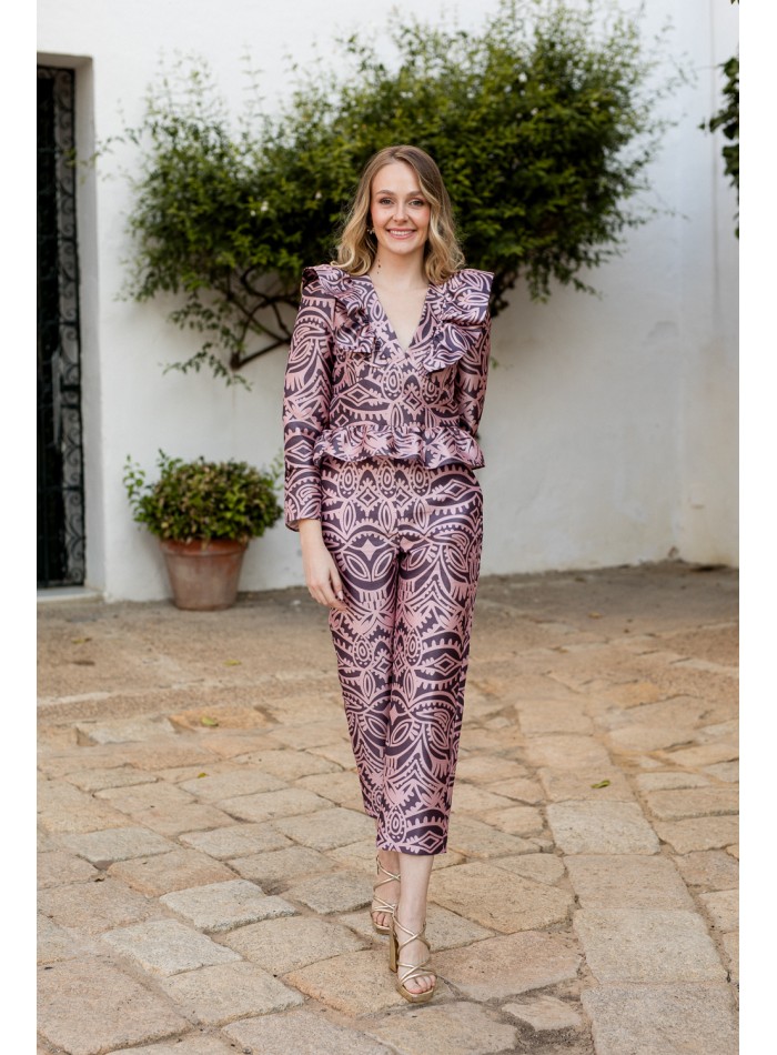 Pantalón recto de fiesta estampado rosa