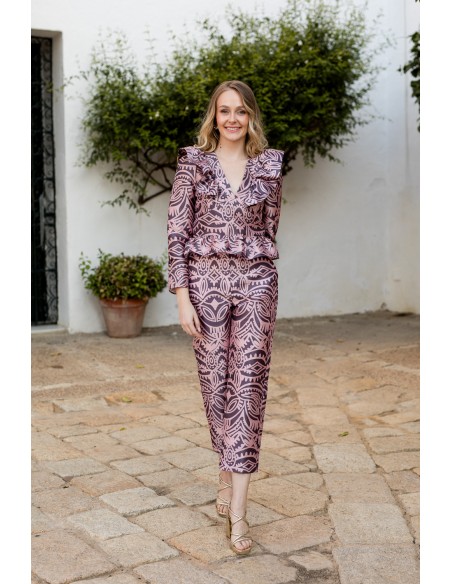 Pantalón recto de fiesta estampado rosa