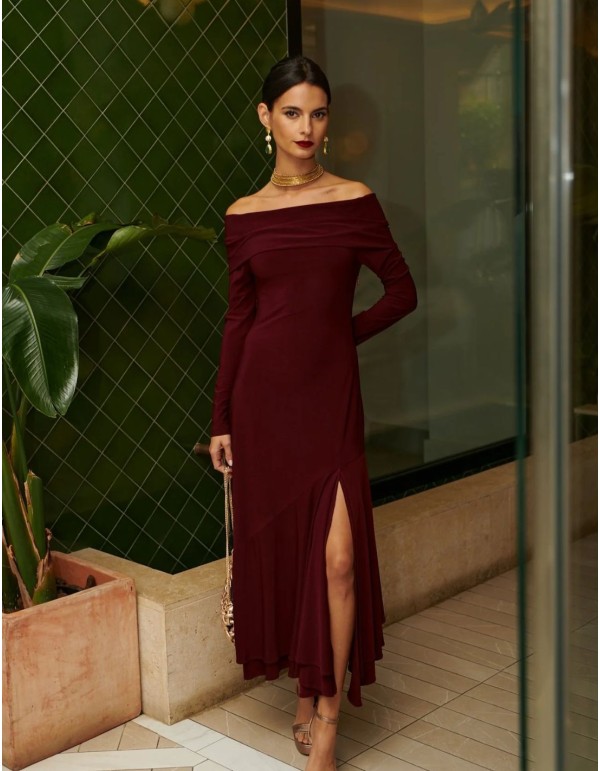 Midi party dress with boat neckline and asymmetrical skirt