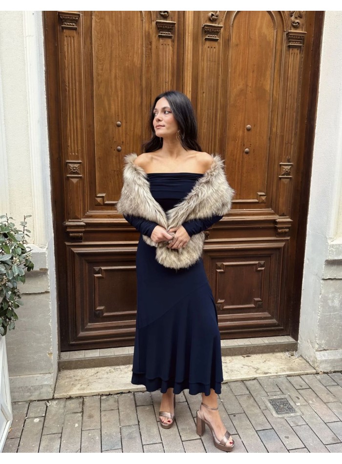 Vestido de fiesta midi con escote barco y falda...