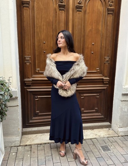 Robe de soirée midi avec encolure bateau et jupe asymétrique