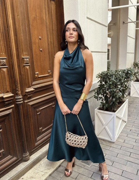 Top d'invité à col licou en satin vert