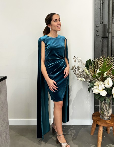 Short velvet party dress with cape sleeves for guests in colour blue