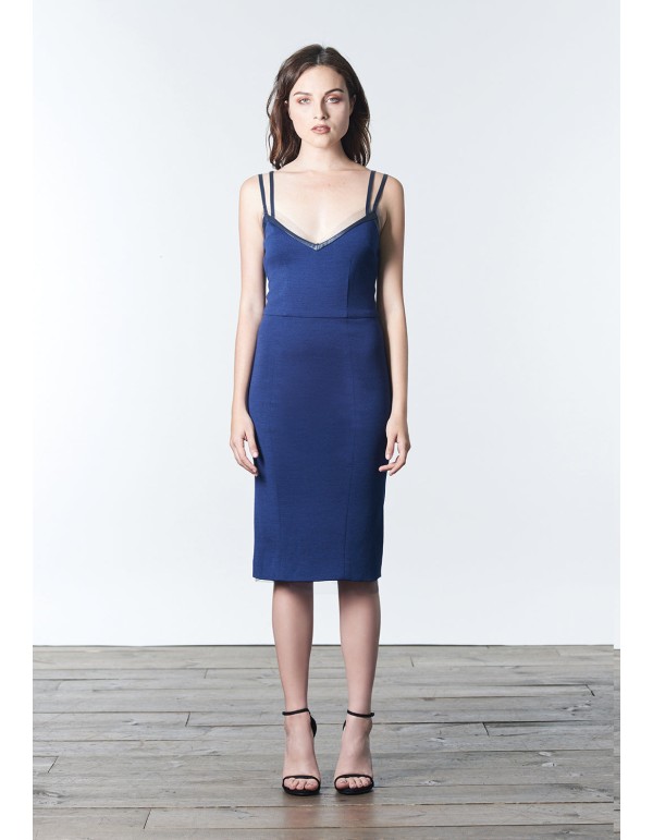 Vestido cóctel azul minimalista con tirantes dobles