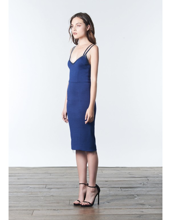 Robe de cocktail minimaliste bleue à double bretelle 2