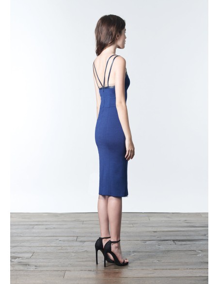 Robe de cocktail minimaliste bleue à double bretelle