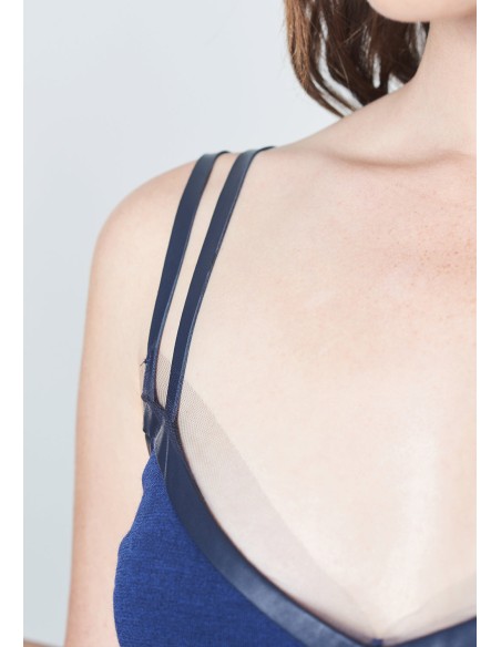 Robe de cocktail minimaliste bleue à double bretelle