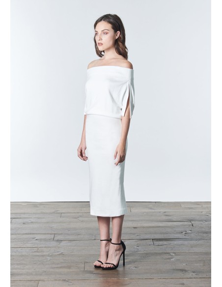 Vestido cóctel blanco de punto con escote bandeau