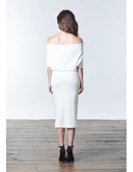 White knitted cocktail dress with bandeau neckline