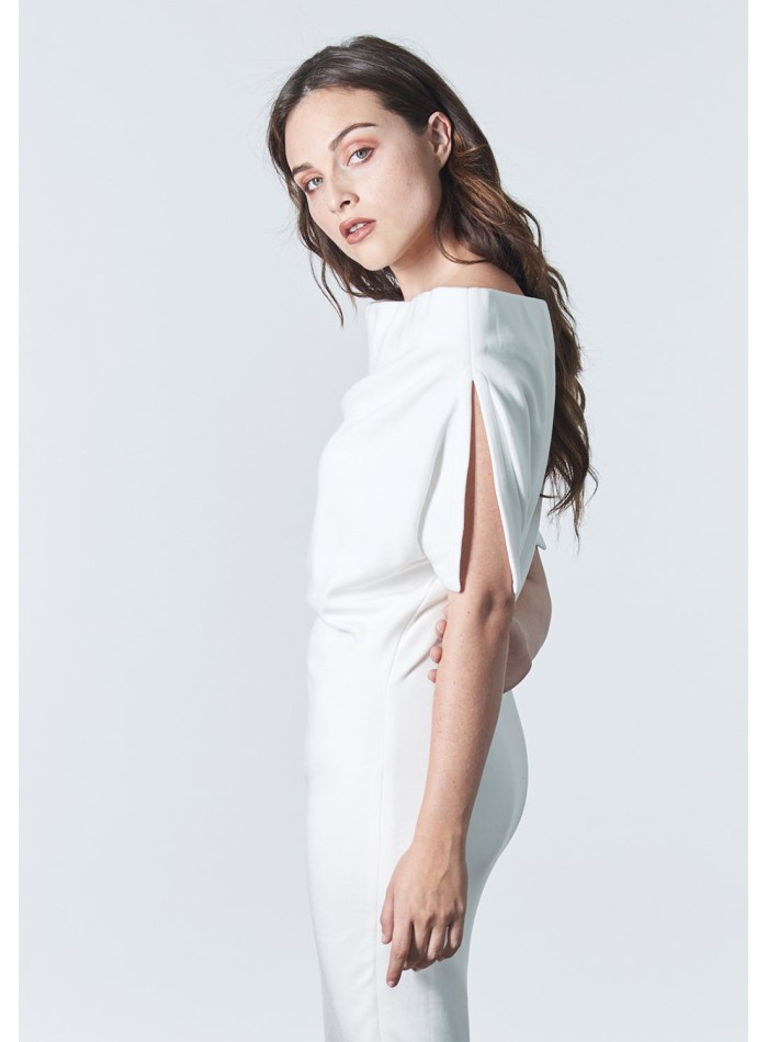 White knitted cocktail dress with bandeau neckline