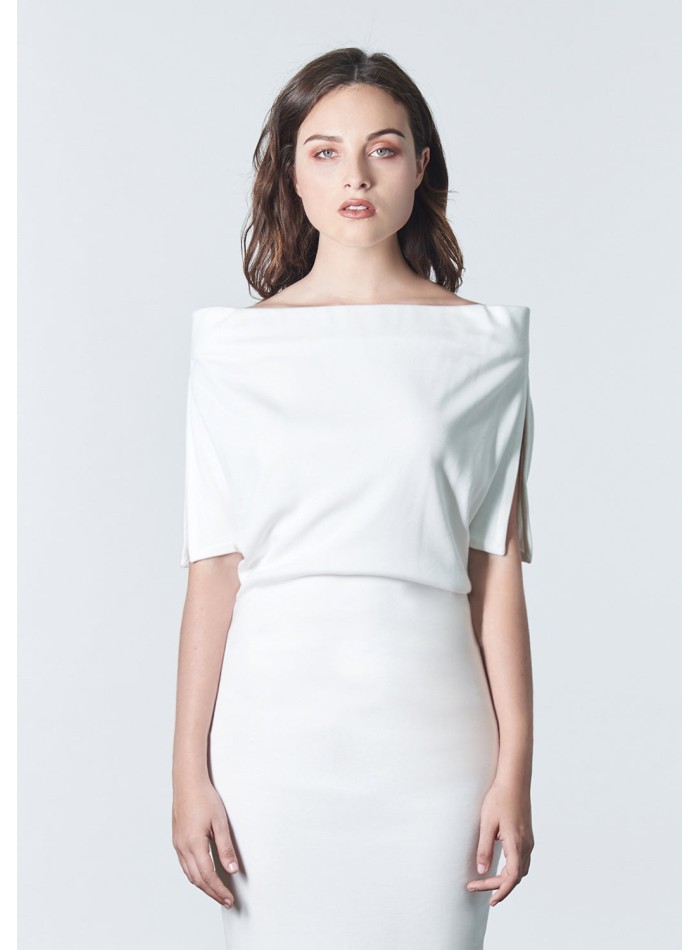 White knitted cocktail dress with bandeau neckline