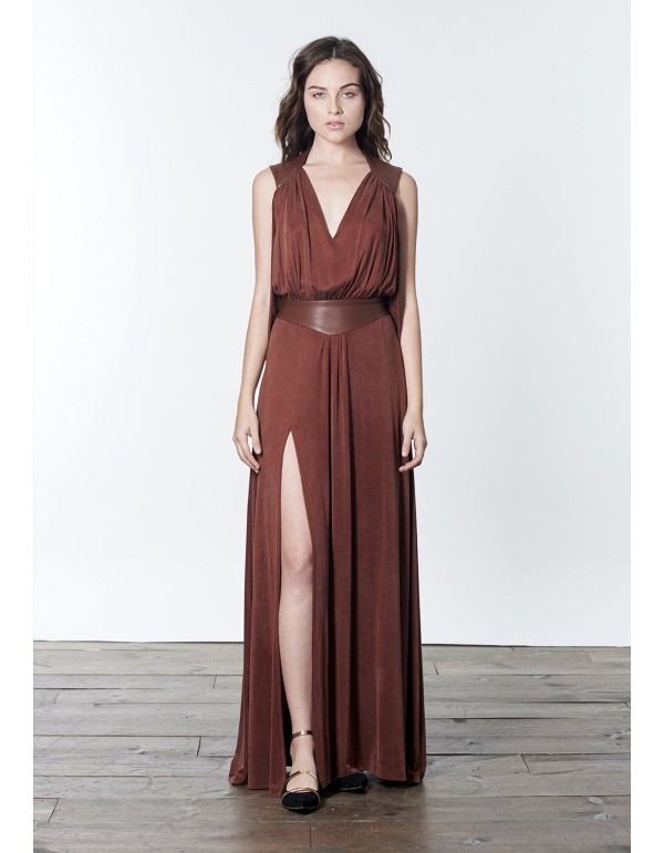 Long dress with open back and leather sash