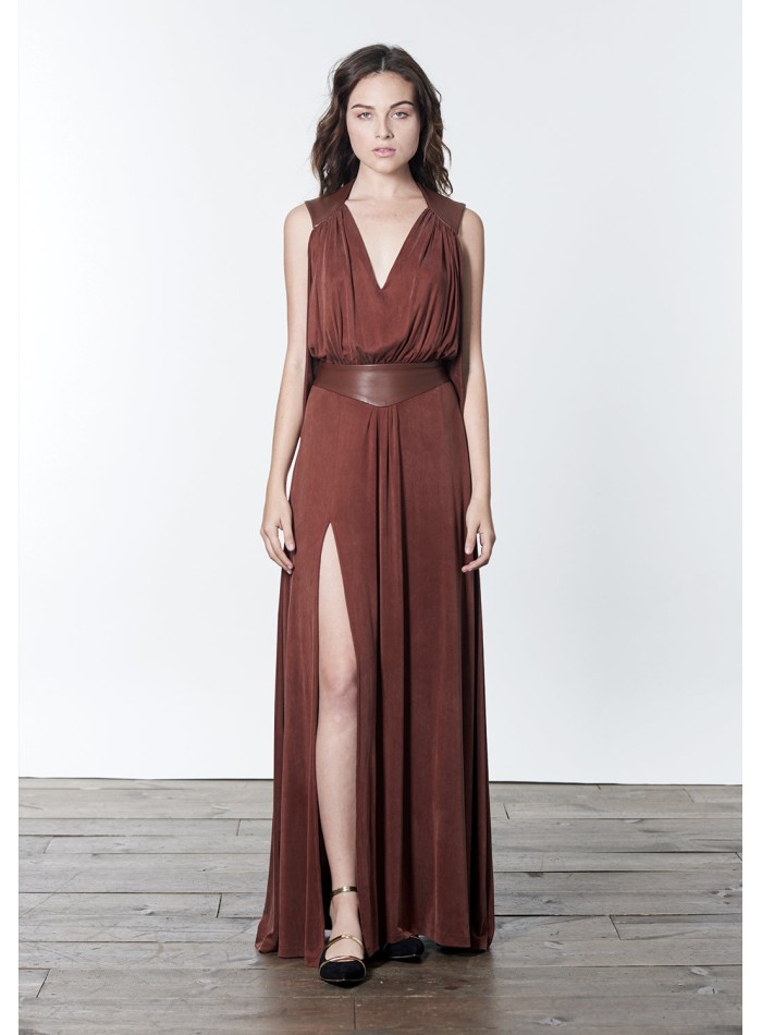 Long dress with open back and leather sash