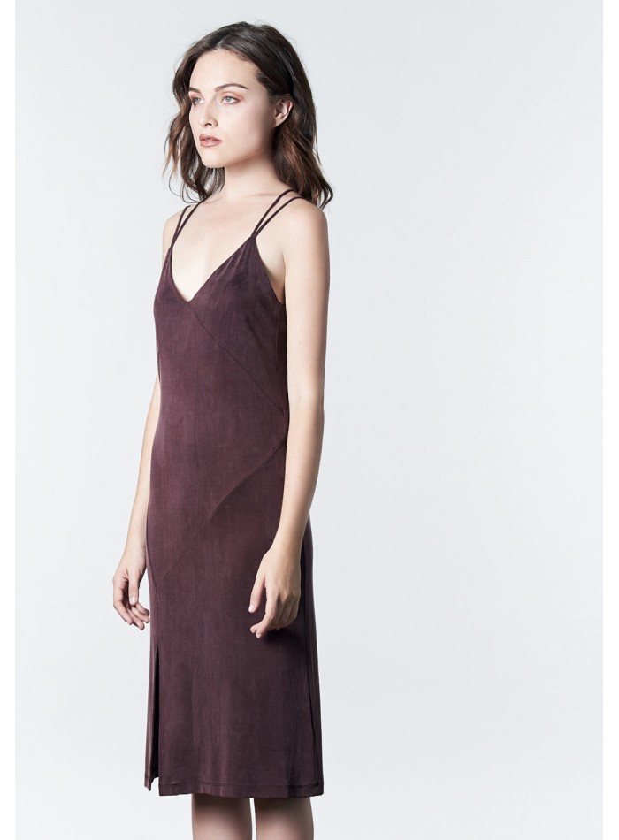 Mauve midi dress with double straps and side slit