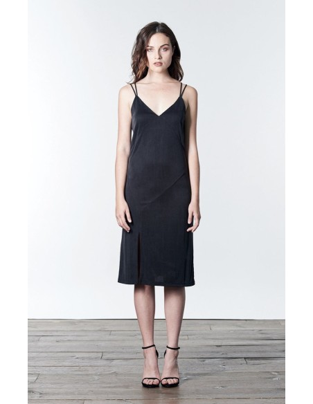 Black midi dress with double straps and side slit