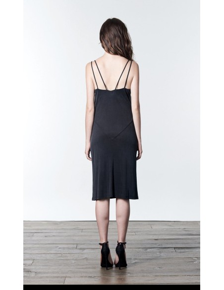 Robe midi noire avec double bretelle et fente latérale