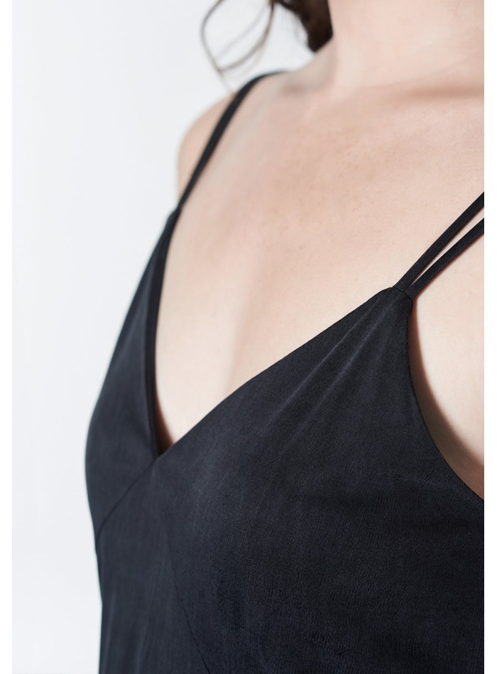 Black midi dress with double straps and side slit