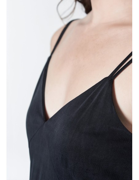 Black midi dress with double straps and side slit