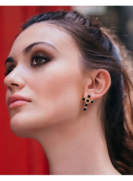 Cross shaped earrings, black and gold - Almudena Acus complementos - 2