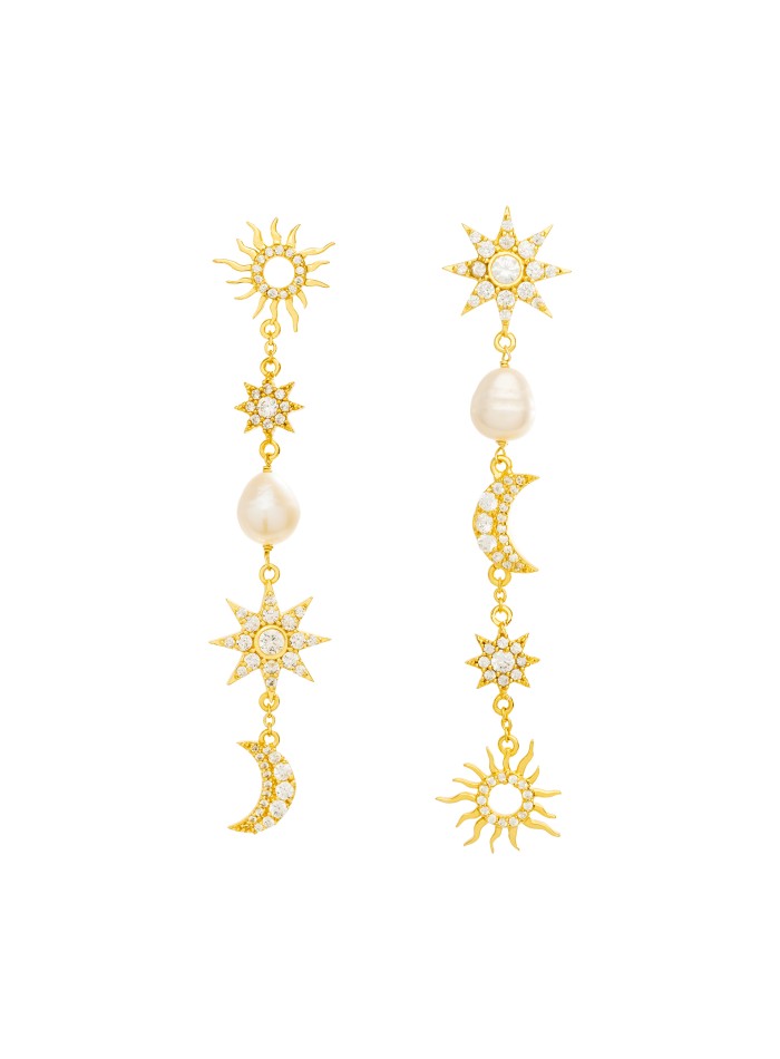 Long golden earrings with moons and stars