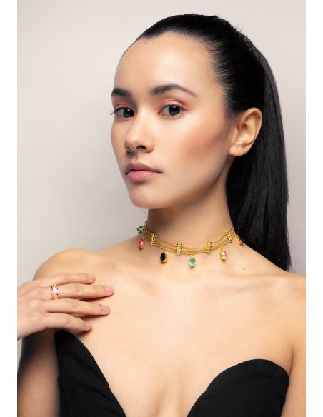 Tour de cou en or avec strass multicolores
